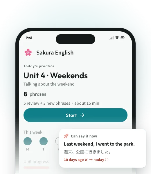 A student’s home screen under their school’s name: eight phrases in today’s practice, and a card showing a sentence they got wrong ten days ago and right today.